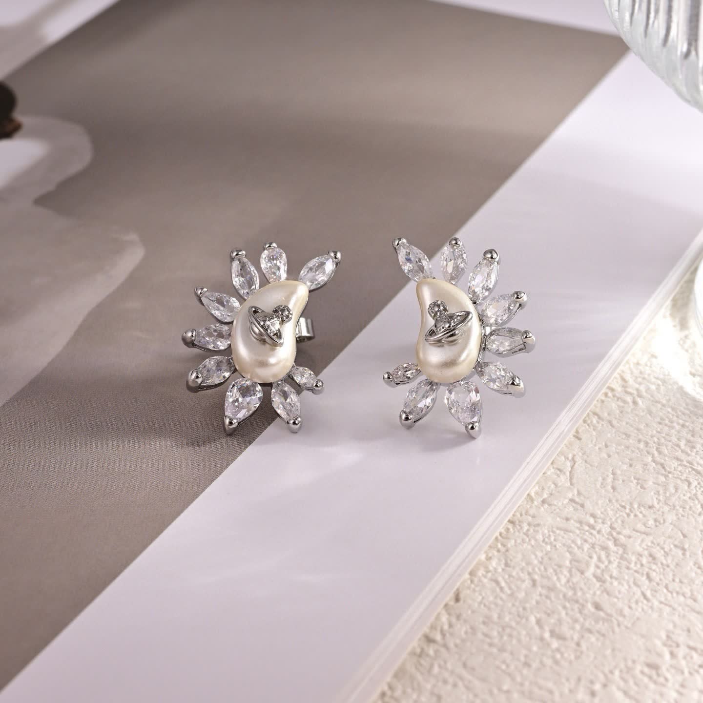Vivienne Westwood Elegant Pearl and Diamond Stud Earrings